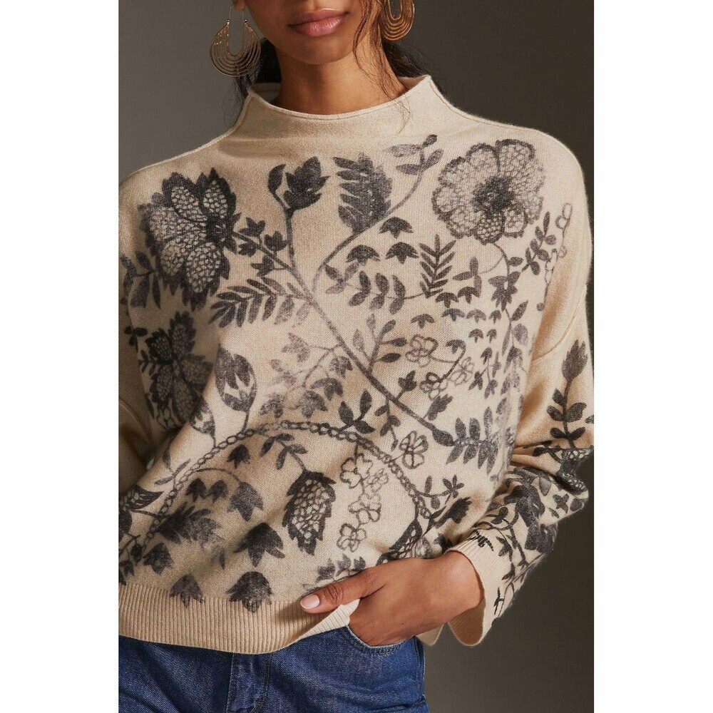 Anthropologie Pilcro Pure Cashmere Sweater Womens XS Alani Floral Mock Neck Knit